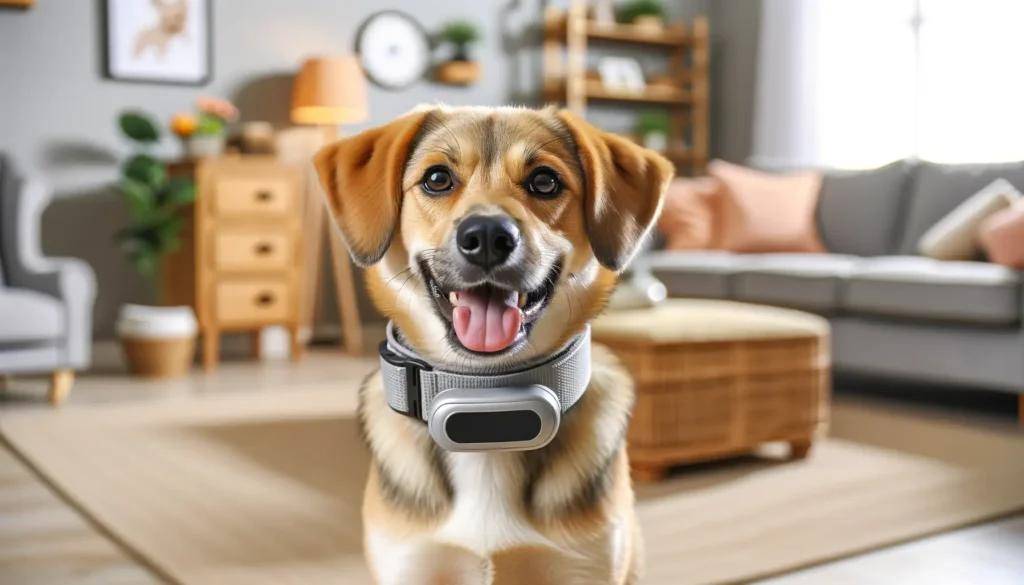 Trainer guiding dog with anti bark collar in controlled environment