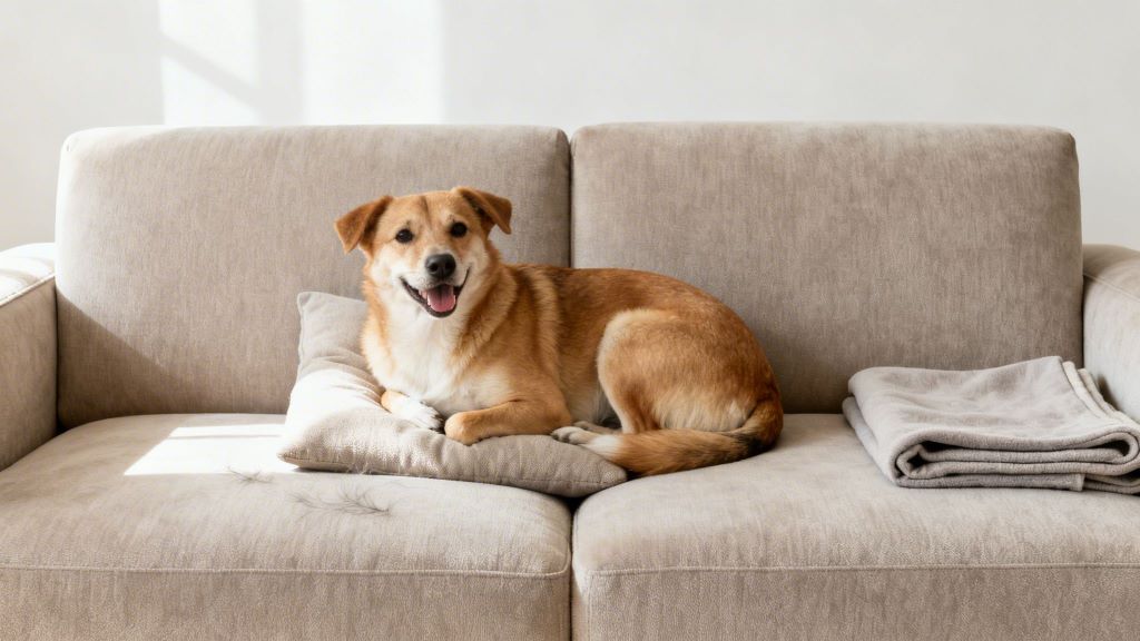 Dog resting on a scratch-resistant sofa made of durable, easy-to-clean fabric