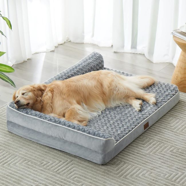 BFPETHOME Waterproof Sofa Dog Bed Large orthopedic sofa-style dog bed with waterproof lining, removable cover, and non-skid base in gray.