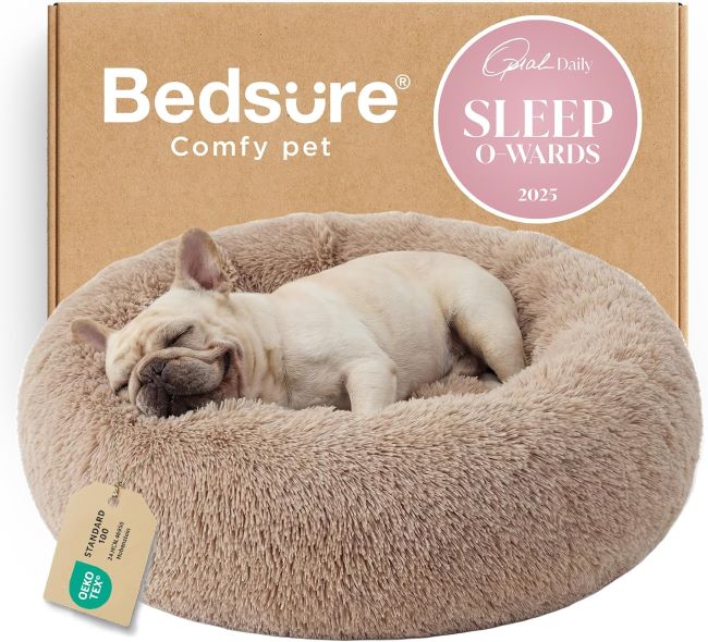 Bedsure Calming Donut Dog Bed Camel-colored fluffy donut dog bed with plush faux fur, calming support, and anti-slip washable design.