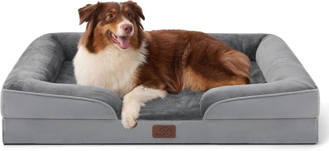 Bedsure Orthopedic Dog Bed Large Large gray orthopedic dog bed with waterproof protection, removable washable cover, and non-slip bottom.