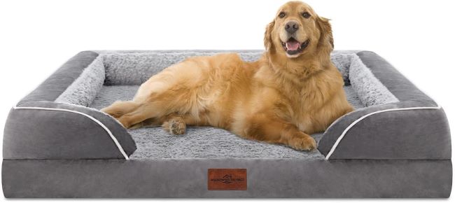 Comfort Expression Orthopedic Dog Couch Extra-large gray orthopedic dog couch bed with egg-crate foam, removable bolsters, and washable cover.