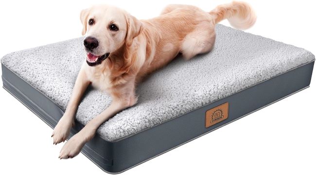 Sunheir Orthopedic Dog Bed Gray orthopedic dog crate bed with egg-crate foam support, plush sleeping surface, and washable removable cover.