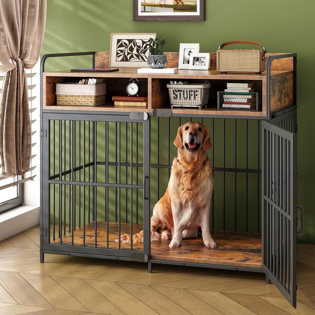 Large dog inside a heavy-duty metal crate designed for strength and safety