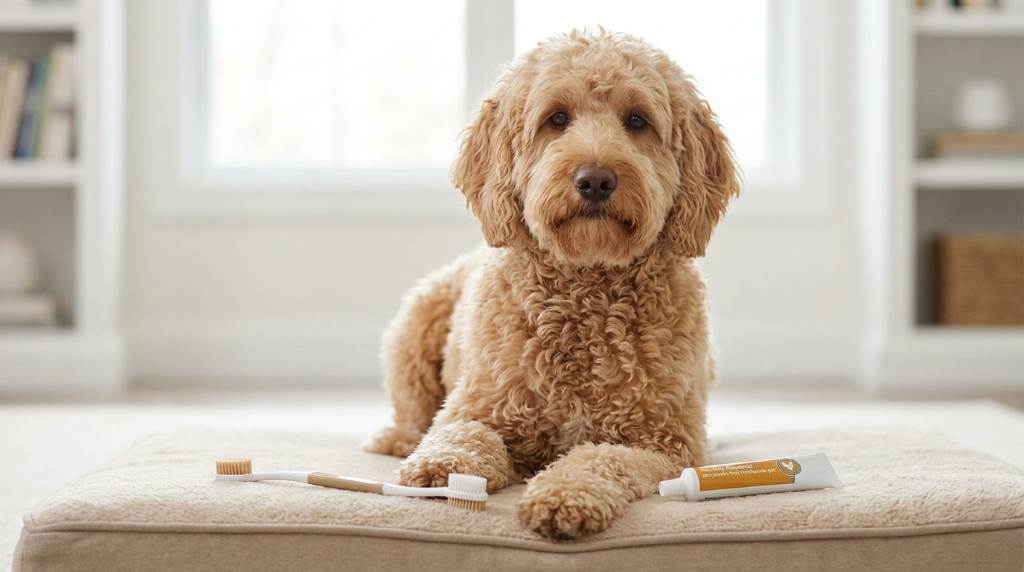 Pet owner brushing dog's teeth using veterinary approved dog toothpaste