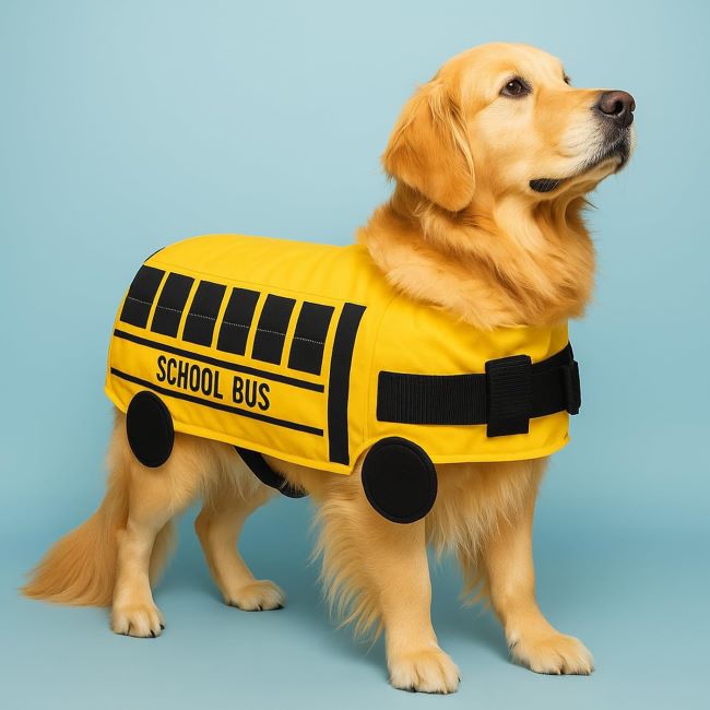 Bulyoou school bus dog life jacket costume combining flotation support with a fun yellow bus design