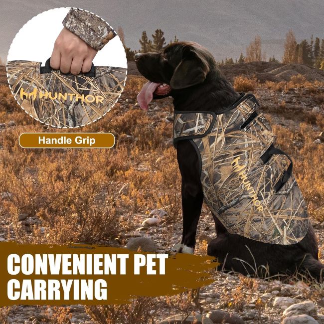 Hunthor 5mm neoprene dog hunting vest with insulated camo design for waterfowl and outdoor hunting