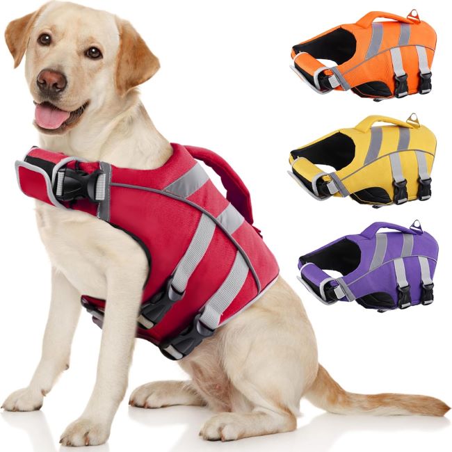 Kuoser dog life jacket with reflective stripes, adjustable straps, and high-buoyancy flotation panels