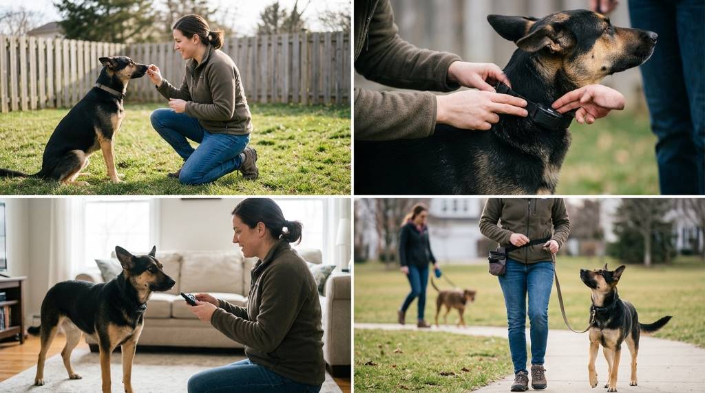 Dog learning a quiet command with positive reinforcement