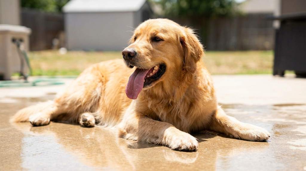 Dog resting comfortably on a cooling elevated bed outdoors