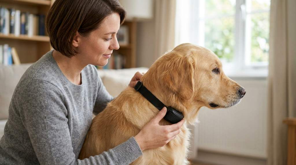 Dog wearing a properly fitted bark collar during calm training