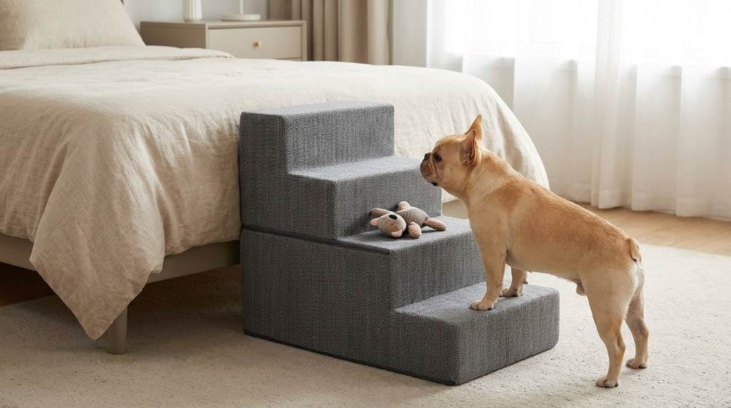 Dog safely descending EHEYCIGA pet stairs from a high bed