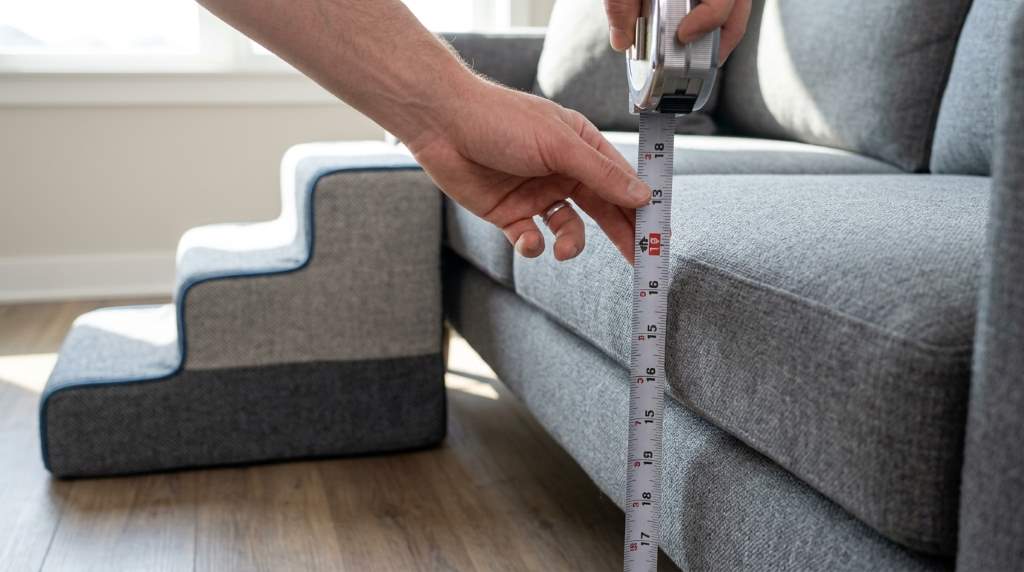 Pet ramp with non slip walking surface beside sofa