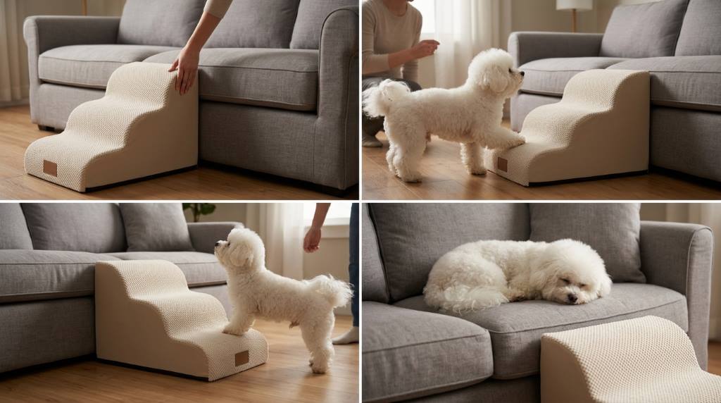 Senior dog safely descending pet stairs from a couch