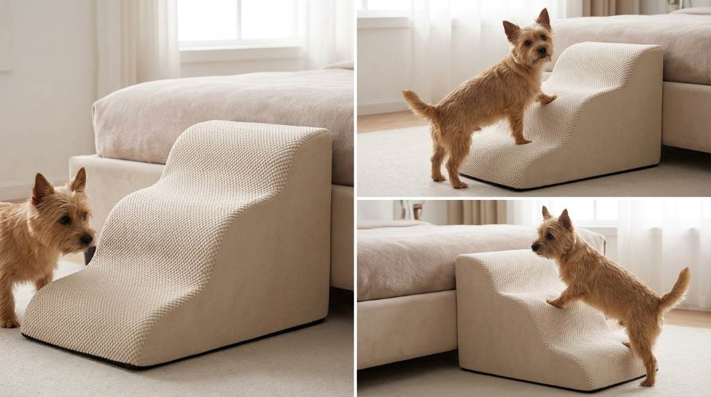 Stable non slip dog stairs helping a small dog reach furniture